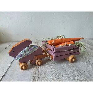 Vintage wooden pink bunny cart carrot Easter Bunny decor spring country folk art